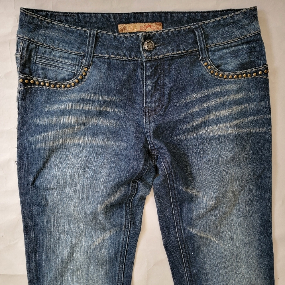 CELLO Jeans 9 Dark Bootcut Studs Embroidered Flap Pocket Distressed Denim